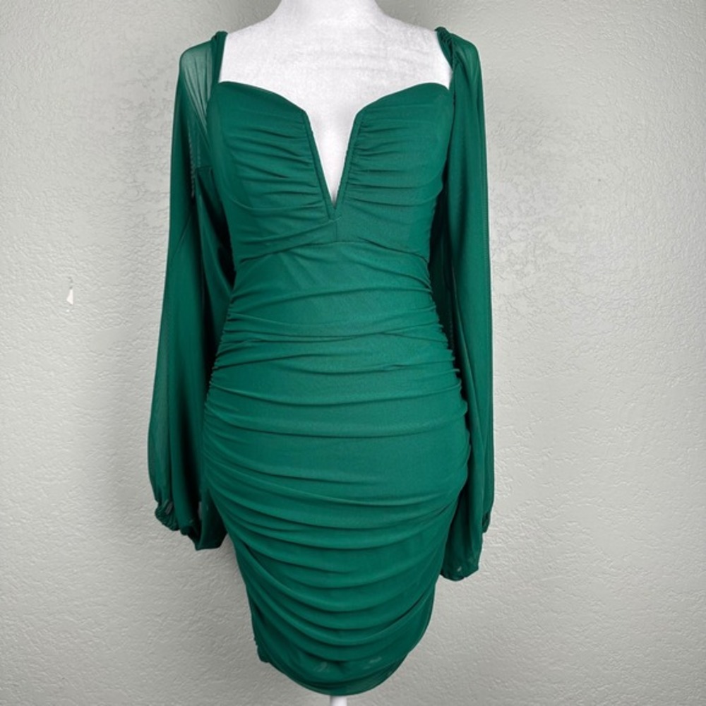 NEW 12TH TRIBE Mesh Ruched Mini Dress Women Sz M Emerald Green Glam Chic Bodycon